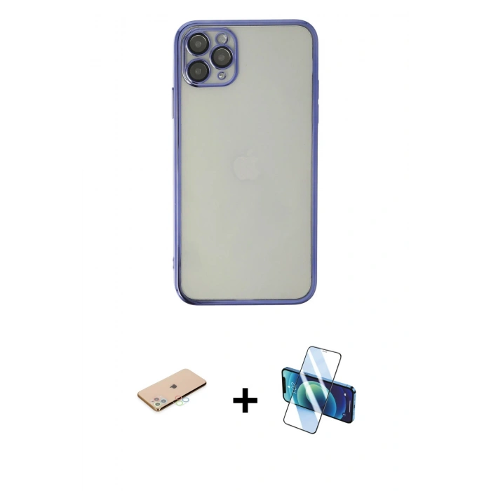 MARSİLYAN™- iPhone 11 Pro Max Kılıf Vadi Minimal - Siyah 3D Antistatik Seramik Nano Ekran Koruyucu + Renkli Kamera Lens Koruma Cam - MI