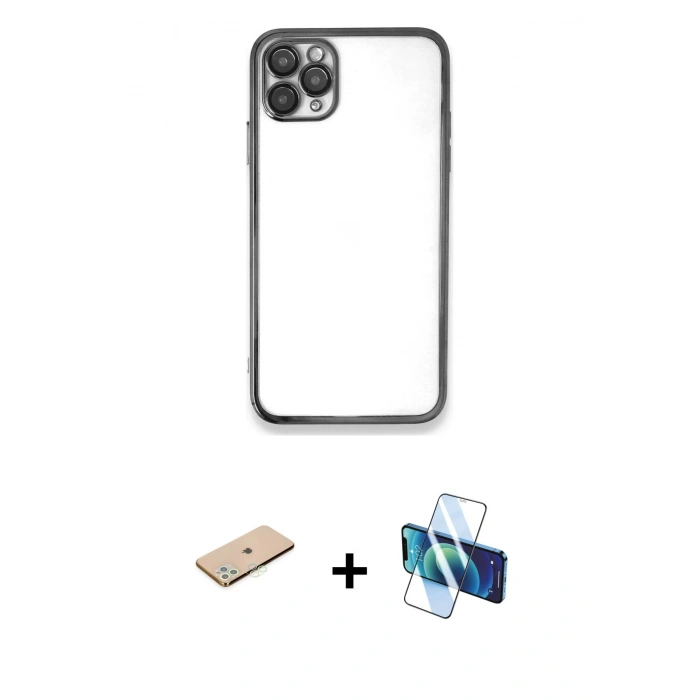 MARSİLYAN™- iPhone 11 Pro Max Kılıf Vadi Minimal - Siyah 3D Antistatik Seramik Nano Ekran Koruyucu + Renkli Kamera Lens Koruma Cam - YL