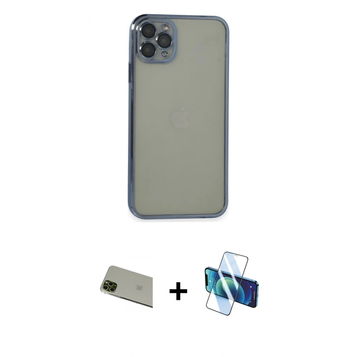 MARSİLYAN™- iPhone 11 Pro Max Kılıf Vadi Minimal - Siyah 3D Antistatik Seramik Nano Ekran Koruyucu + Rainbow Kamera Lens Koruma Cam - YL