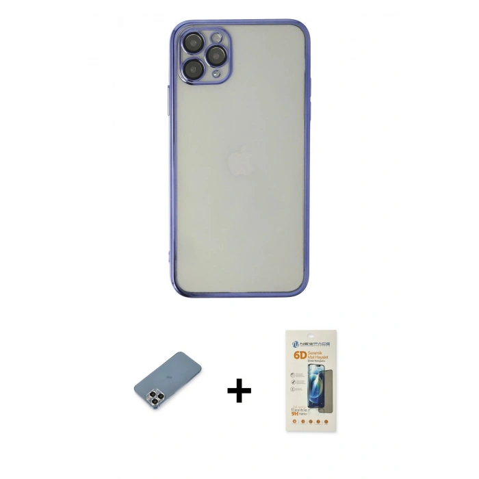 MARSİLYAN™- iPhone 11 Pro Max Kılıf Vadi Minimal - Siyah 6D Mat Seramik Hayalet Nano Ekran Koruyucu + Gümüş Metal Kamera Lens Koruma Cam