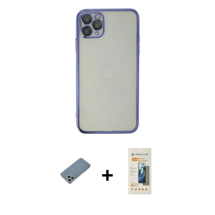 MARSİLYAN™- iPhone 11 Pro Max Kılıf Vadi Minimal - Siyah 6D Mat Seramik Hayalet Nano Ekran Koruyucu + Gümüş Shine Kamera Lens Koruma Cam