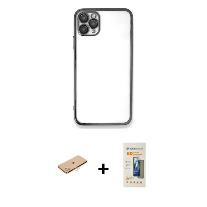 MARSİLYAN™- iPhone 11 Pro Max Kılıf Vadi Minimal - Siyah 6D Mat Seramik Hayalet Nano Ekran Koruyucu + Pembe Renkli Kamera Lens Koruma Cam