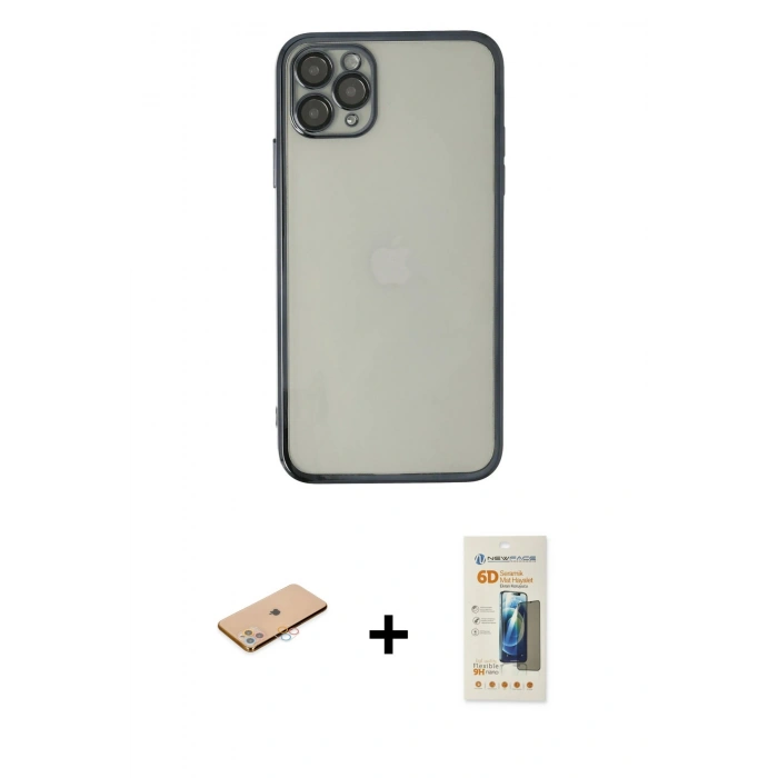 MARSİLYAN™- iPhone 11 Pro Max Kılıf Vadi Minimal - Siyah 6D Mat Seramik Hayalet Nano Ekran Koruyucu + Pembe Renkli Kamera Lens Koruma Cam