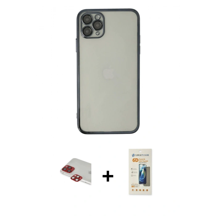MARSİLYAN™- iPhone 11 Pro Max Kılıf Vadi Minimal - Siyah 6D Mat Seramik Hayalet Nano Ekran Koruyucu + Pers Alüminyum Kamera Lens - KI