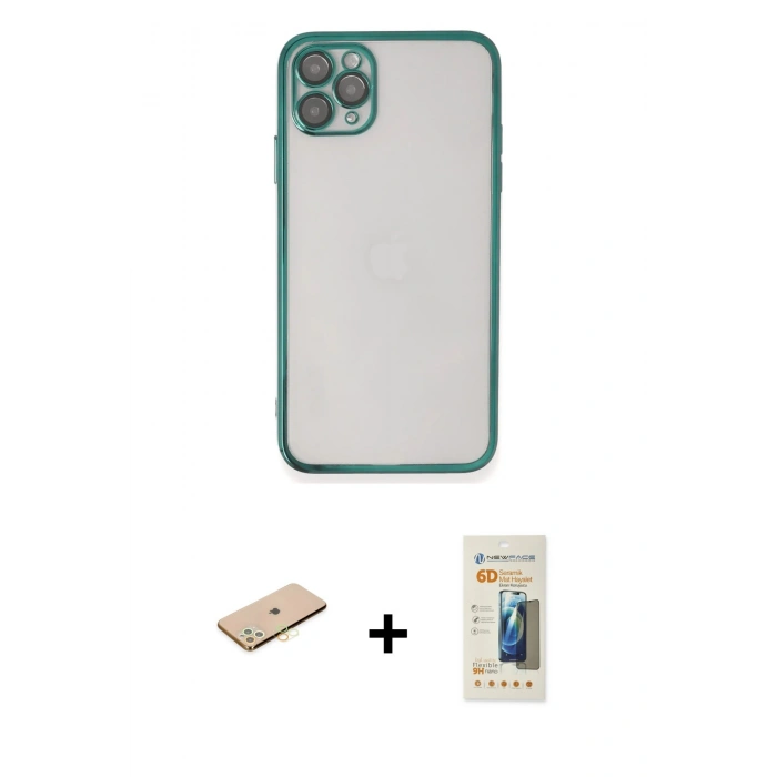 MARSİLYAN™- iPhone 11 Pro Max Kılıf Vadi Minimal - Siyah 6D Mat Seramik Hayalet Nano Ekran Koruyucu + Renkli Kamera Lens Koruma Cam - SI