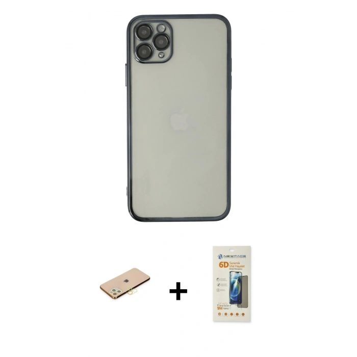 MARSİLYAN™- iPhone 11 Pro Max Kılıf Vadi Minimal - Siyah 6D Mat Seramik Hayalet Nano Ekran Koruyucu + Renkli Kamera Lens Koruma Cam - SI