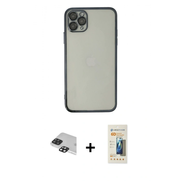 MARSİLYAN™- iPhone 11 Pro Max Kılıf Vadi Minimal - Siyah 6D Mat Seramik Hayalet Nano Ekran Koruyucu + Pers Alüminyum Kamera Lens - SH