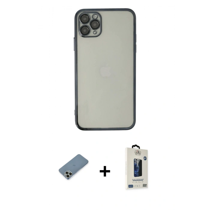 MARSİLYAN™- iPhone 11 Pro Max Kılıf Vadi Minimal - Siyah Bilvis Hayalet Cam Ekran Koruyucu + Metal Kamera Lens Koruma Cam - AKYL