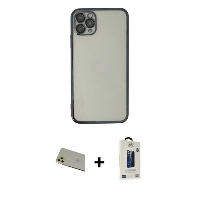 MARSİLYAN™- iPhone 11 Pro Max Kılıf Vadi Minimal - Siyah Bilvis Hayalet Cam Ekran Koruyucu + Rainbow Kamera Lens Koruma Cam - GD