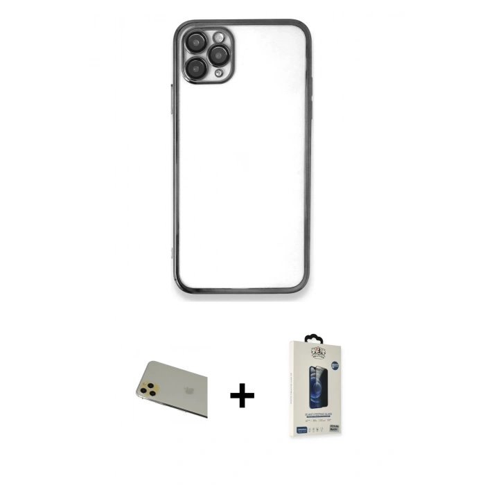 MARSİLYAN™- iPhone 11 Pro Max Kılıf Vadi Minimal - Siyah Bilvis Hayalet Cam Ekran Koruyucu + Rainbow Kamera Lens Koruma Cam - GD