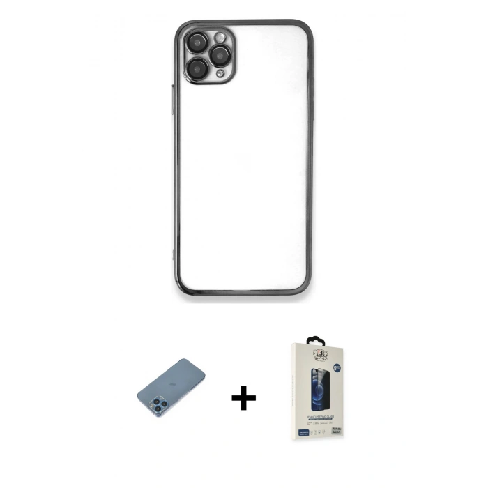 MARSİLYAN™- iPhone 11 Pro Max Kılıf Vadi Minimal - Siyah Bilvis Hayalet Cam Ekran Koruyucu + Shine Kamera Lens Koruma Cam - MI