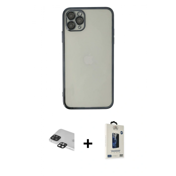 MARSİLYAN™- iPhone 11 Pro Max Kılıf Vadi Minimal - Siyah Bilvis Hayalet Cam Ekran Koruyucu + Pers Alüminyum Kamera Lens - SH