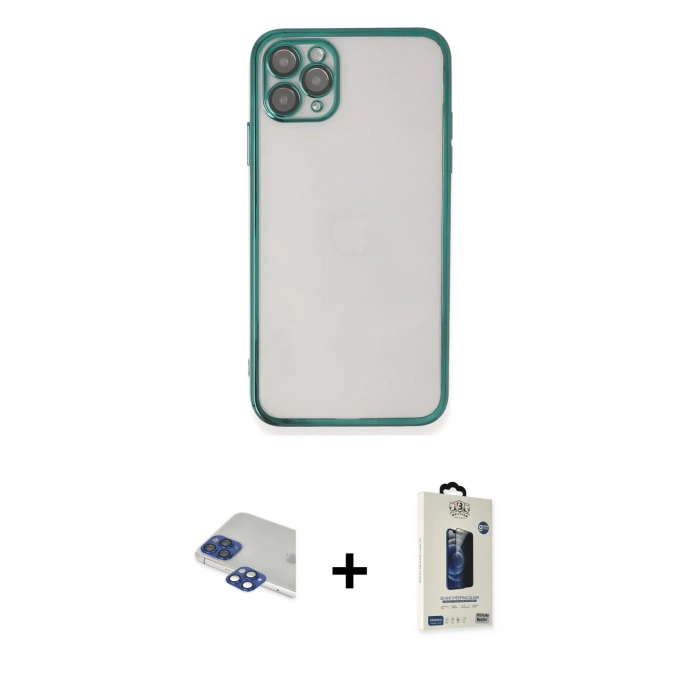 MARSİLYAN™- iPhone 11 Pro Max Kılıf Vadi Minimal - Siyah Bilvis Hayalet Cam Ekran Koruyucu + Pers Alüminyum Kamera Lens - LT