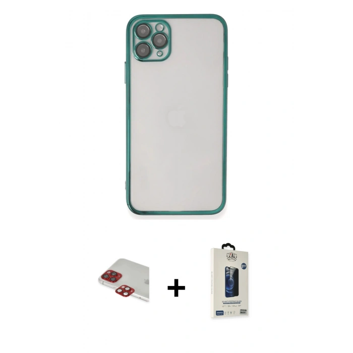 MARSİLYAN™- iPhone 11 Pro Max Kılıf Vadi Minimal - Siyah Bilvis Hayalet Cam Ekran Koruyucu + Pers Alüminyum Kamera Lens - KI