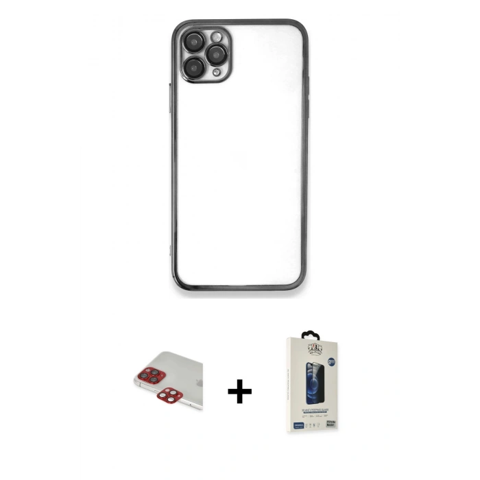 MARSİLYAN™- iPhone 11 Pro Max Kılıf Vadi Minimal - Siyah Bilvis Hayalet Cam Ekran Koruyucu + Pers Alüminyum Kamera Lens - KI