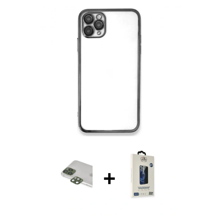 MARSİLYAN™- iPhone 11 Pro Max Kılıf Vadi Minimal - Siyah Bilvis Hayalet Cam Ekran Koruyucu + Pers Alüminyum Kamera Lens - YL