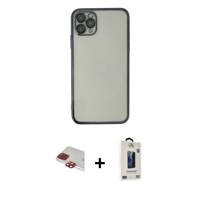 MARSİLYAN™- iPhone 11 Pro Max Kılıf Vadi Minimal - Siyah Bilvis Hayalet Cam Ekran Koruyucu + Pers Alüminyum Kamera Lens - KI