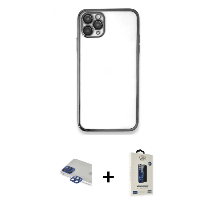 MARSİLYAN™- iPhone 11 Pro Max Kılıf Vadi Minimal - Siyah Bilvis Hayalet Cam Ekran Koruyucu + Pers Alüminyum Kamera Lens - LT