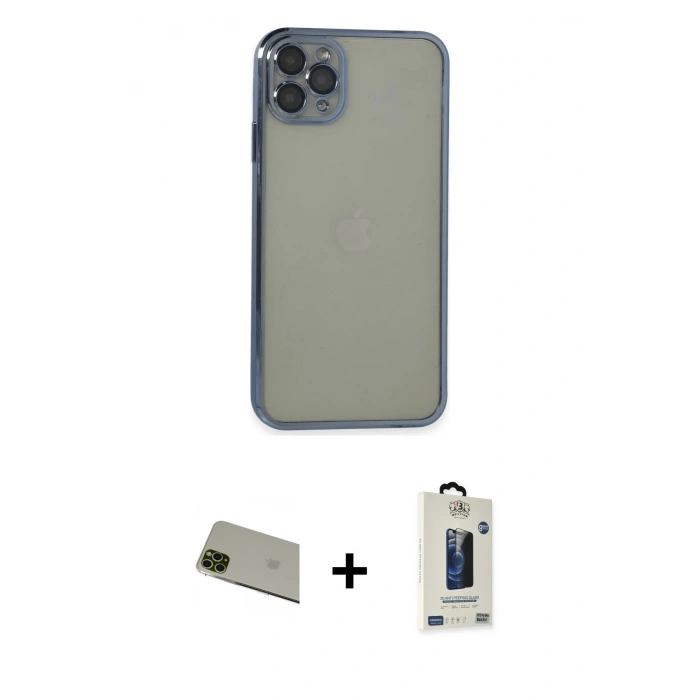 MARSİLYAN™- iPhone 11 Pro Max Kılıf Vadi Minimal - Siyah Bilvis Hayalet Cam Ekran Koruyucu + Rainbow Kamera Lens Koruma Cam - YL