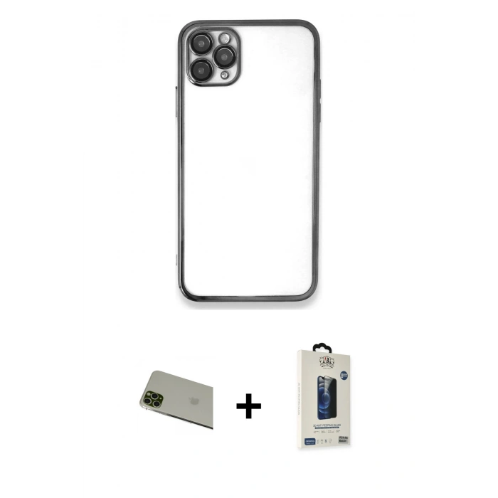 MARSİLYAN™- iPhone 11 Pro Max Kılıf Vadi Minimal - Siyah Bilvis Hayalet Cam Ekran Koruyucu + Rainbow Kamera Lens Koruma Cam - YL