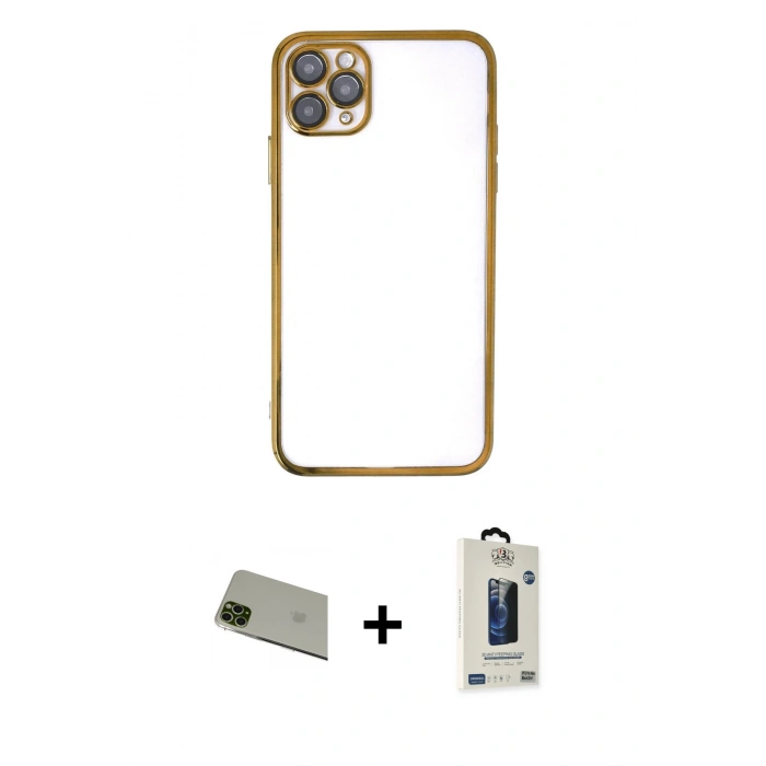 MARSİLYAN™- iPhone 11 Pro Max Kılıf Vadi Minimal - Siyah Bilvis Hayalet Cam Ekran Koruyucu + Rainbow Kamera Lens Koruma Cam - YL