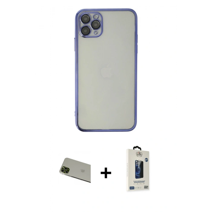 MARSİLYAN™- iPhone 11 Pro Max Kılıf Vadi Minimal - Siyah Bilvis Hayalet Cam Ekran Koruyucu + Rainbow Kamera Lens Koruma Cam - YL