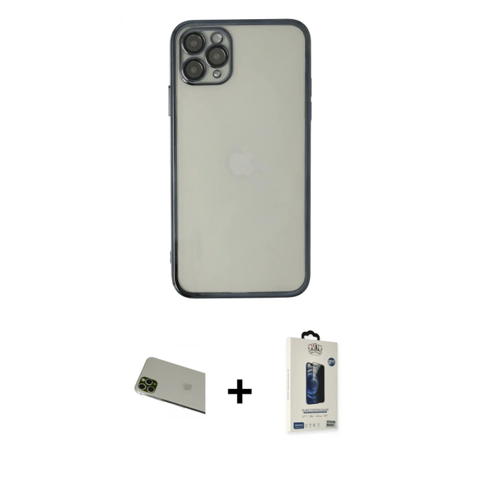 MARSİLYAN™- iPhone 11 Pro Max Kılıf Vadi Minimal - Siyah Bilvis Hayalet Cam Ekran Koruyucu + Rainbow Kamera Lens Koruma Cam - YL