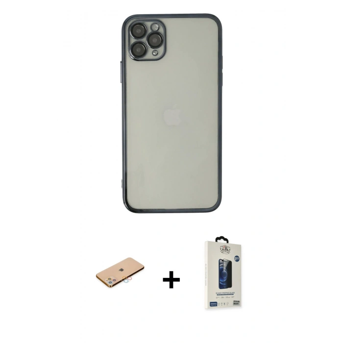 MARSİLYAN™- iPhone 11 Pro Max Kılıf Vadi Minimal - Siyah Bilvis Hayalet Cam Ekran Koruyucu + Renkli Kamera Lens Koruma Cam - PE