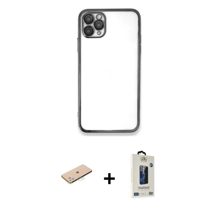 MARSİLYAN™- iPhone 11 Pro Max Kılıf Vadi Minimal - Siyah Bilvis Hayalet Cam Ekran Koruyucu + Renkli Kamera Lens Koruma Cam - MI