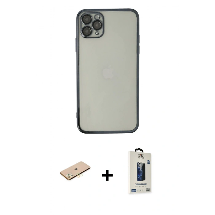 MARSİLYAN™- iPhone 11 Pro Max Kılıf Vadi Minimal - Siyah Bilvis Hayalet Cam Ekran Koruyucu + Renkli Kamera Lens Koruma Cam - SI