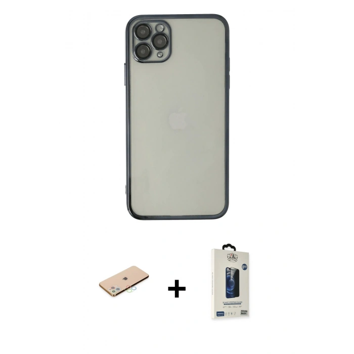 MARSİLYAN™- iPhone 11 Pro Max Kılıf Vadi Minimal - Siyah Bilvis Hayalet Cam Ekran Koruyucu + Renkli Kamera Lens Koruma Cam - MI