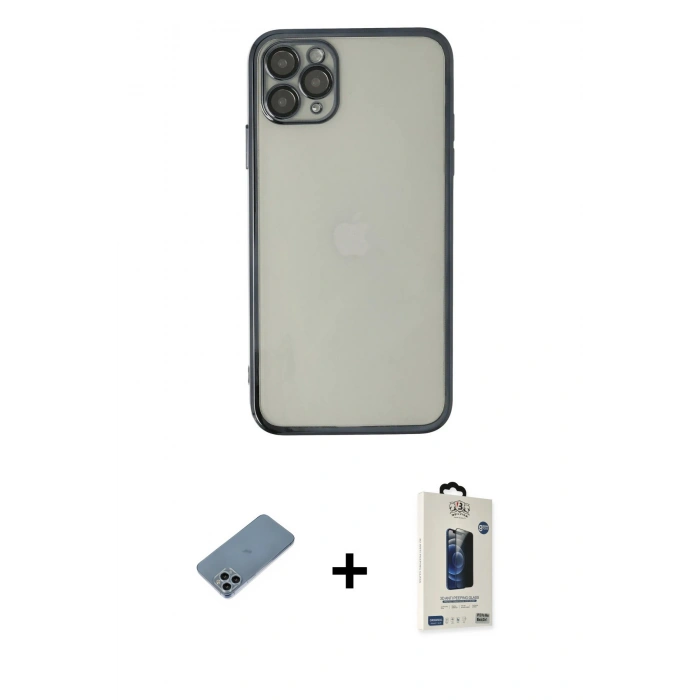 MARSİLYAN™- iPhone 11 Pro Max Kılıf Vadi Minimal - Siyah Bilvis Hayalet Cam Ekran Koruyucu + Shine Kamera Lens Koruma Cam - SABE
