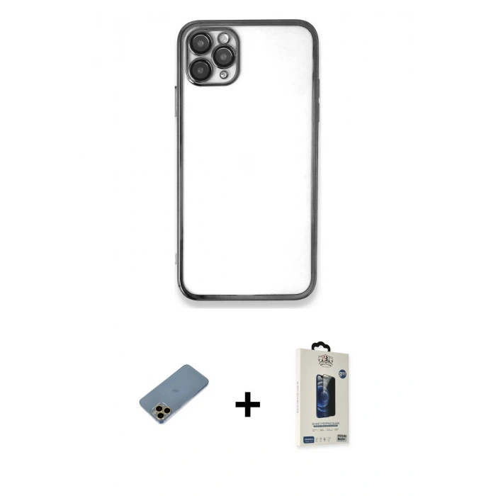 MARSİLYAN™- iPhone 11 Pro Max Kılıf Vadi Minimal - Siyah Bilvis Hayalet Cam Ekran Koruyucu + Shine Kamera Lens Koruma Cam - GD