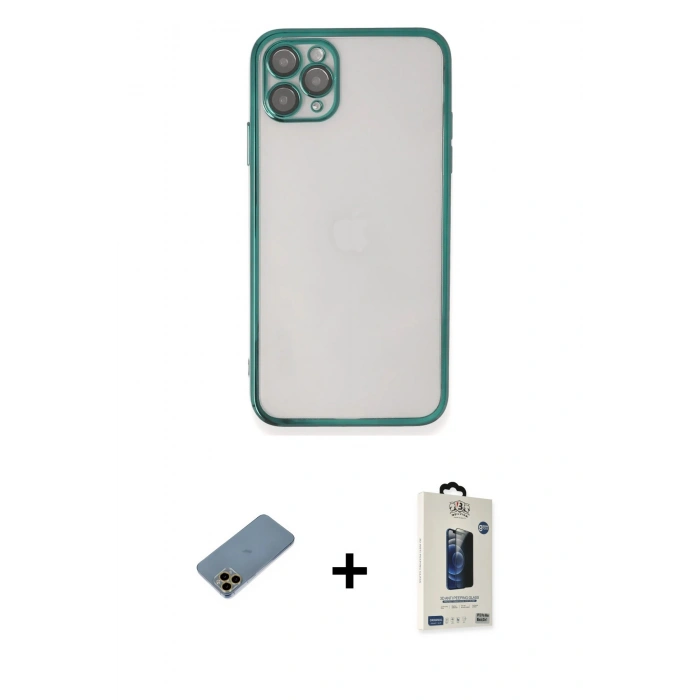 MARSİLYAN™- iPhone 11 Pro Max Kılıf Vadi Minimal - Siyah Bilvis Hayalet Cam Ekran Koruyucu + Shine Kamera Lens Koruma Cam - GD