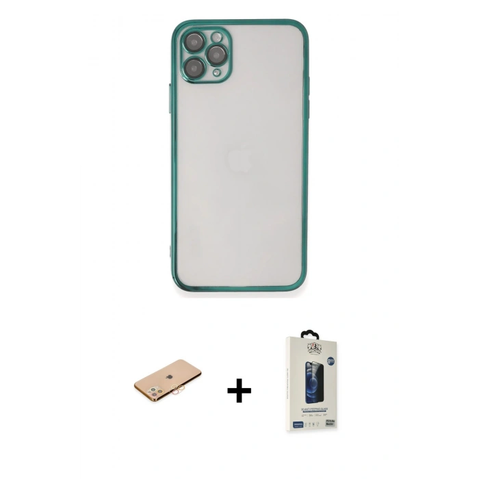 MARSİLYAN™- iPhone 11 Pro Max Kılıf Vadi Minimal - Siyah Bilvis Hayalet Cam Ekran Koruyucu + Renkli Kamera Lens Koruma Cam - TU