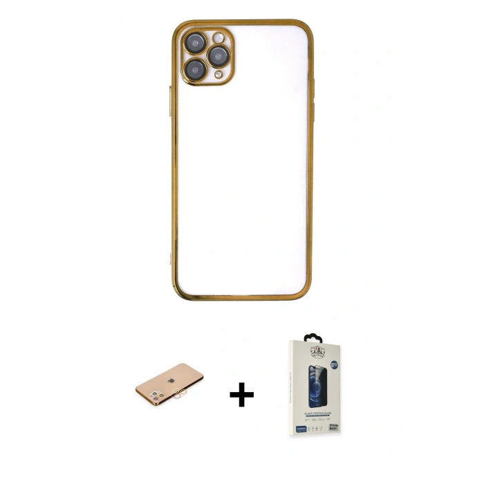MARSİLYAN™- iPhone 11 Pro Max Kılıf Vadi Minimal - Siyah Bilvis Hayalet Cam Ekran Koruyucu + Renkli Kamera Lens Koruma Cam - TU