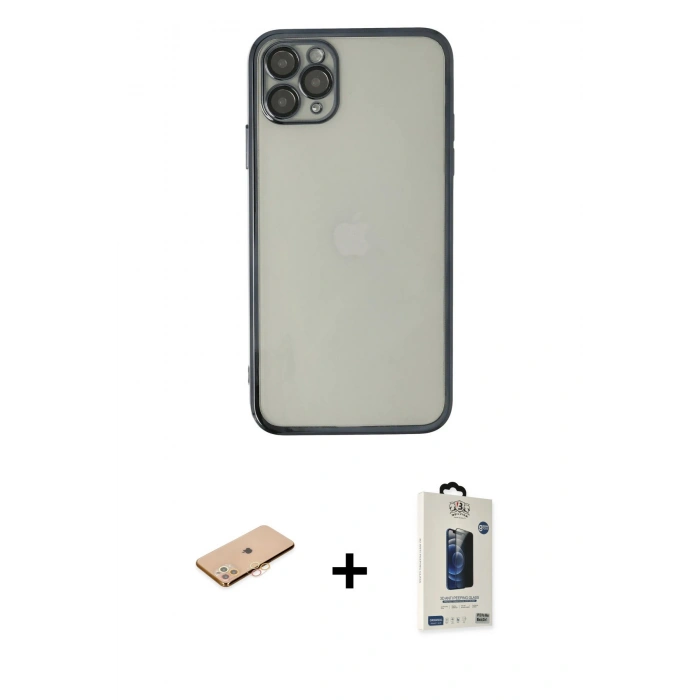 MARSİLYAN™- iPhone 11 Pro Max Kılıf Vadi Minimal - Siyah Bilvis Hayalet Cam Ekran Koruyucu + Renkli Kamera Lens Koruma Cam - TU