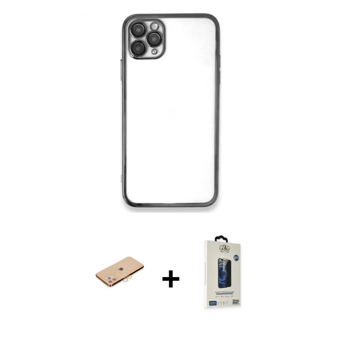 MARSİLYAN™- iPhone 11 Pro Max Kılıf Vadi Minimal - Siyah Bilvis Hayalet Cam Ekran Koruyucu + Renkli Kamera Lens Koruma Cam - TU