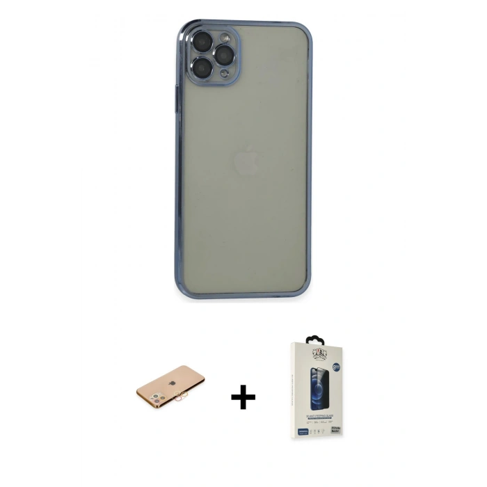 MARSİLYAN™- iPhone 11 Pro Max Kılıf Vadi Minimal - Siyah Bilvis Hayalet Cam Ekran Koruyucu + Renkli Kamera Lens Koruma Cam - TU
