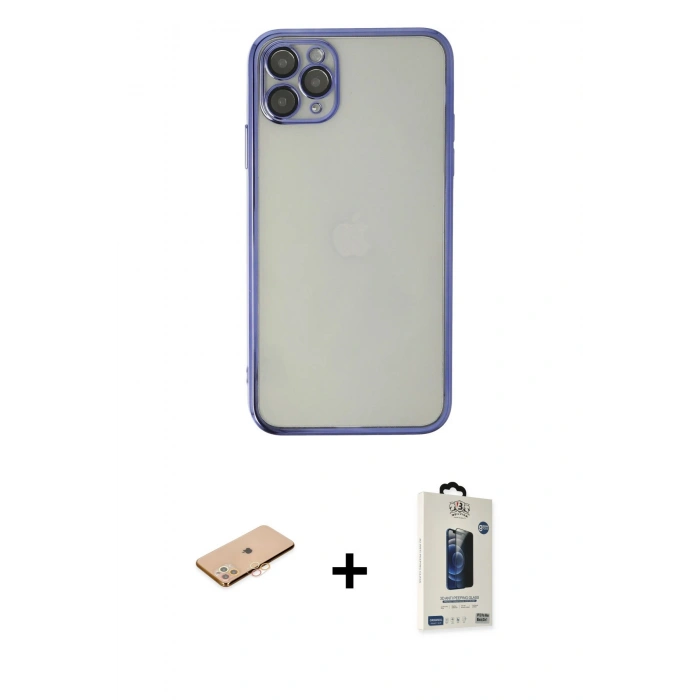 MARSİLYAN™- iPhone 11 Pro Max Kılıf Vadi Minimal - Siyah Bilvis Hayalet Cam Ekran Koruyucu + Renkli Kamera Lens Koruma Cam - TU