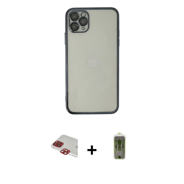 MARSİLYAN™- iPhone 11 Pro Max Kılıf Vadi Minimal - Siyah Joko Magic 5D Hayalet Cam + Kırmızı Pers Alüminyum Kamera Lens