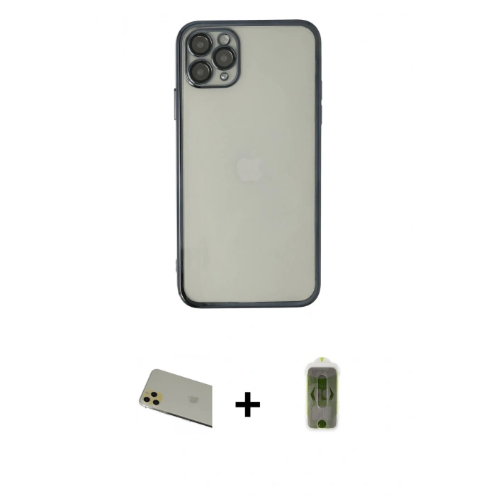 MARSİLYAN™- iPhone 11 Pro Max Kılıf Vadi Minimal - Siyah Joko Magic 5D Hayalet Cam + Rainbow Kamera Lens Koruma Cam - GD