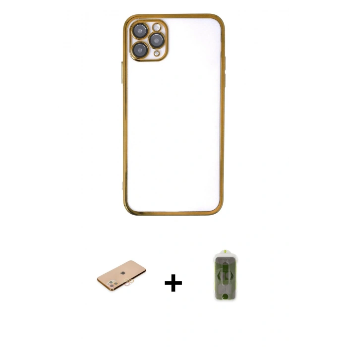 MARSİLYAN™- iPhone 11 Pro Max Kılıf Vadi Minimal - Siyah Joko Magic 5D Hayalet Cam + Turuncu Renkli Kamera Lens Koruma Cam