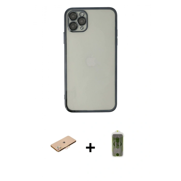 MARSİLYAN™- iPhone 11 Pro Max Kılıf Vadi Minimal - Siyah Joko Magic 5D Hayalet Cam + Turuncu Renkli Kamera Lens Koruma Cam