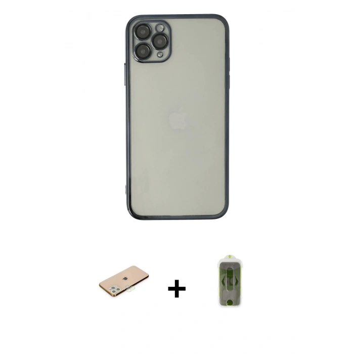 MARSİLYAN™- iPhone 11 Pro Max Kılıf Vadi Minimal - Siyah Joko Magic 5D Hayalet Cam + Yeşil Renkli Kamera Lens Koruma Cam