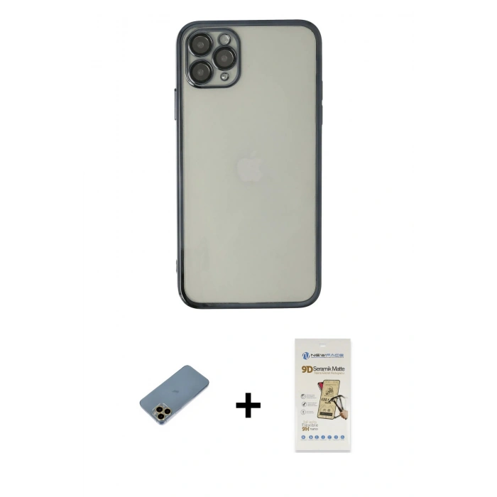 MARSİLYAN™- iPhone 11 Pro Max Kılıf Vadi Minimal - Siyah Mat Seramik Nano Ekran Koruyucu + Shine Kamera Lens Koruma Cam - GD