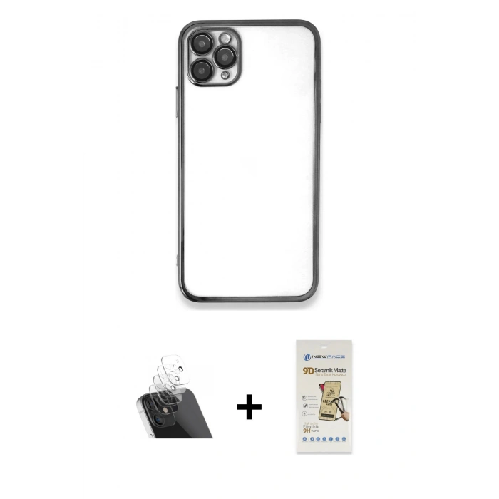 MARSİLYAN™- iPhone 11 Pro Max Kılıf Vadi Minimal - Siyah Mat Seramik Nano Ekran Koruyucu + Kamera Lens Koruma Cam - SF