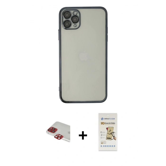 MARSİLYAN™- iPhone 11 Pro Max Kılıf Vadi Minimal - Siyah Mat Seramik Nano Ekran Koruyucu + Pers Alüminyum Kamera Lens - KI