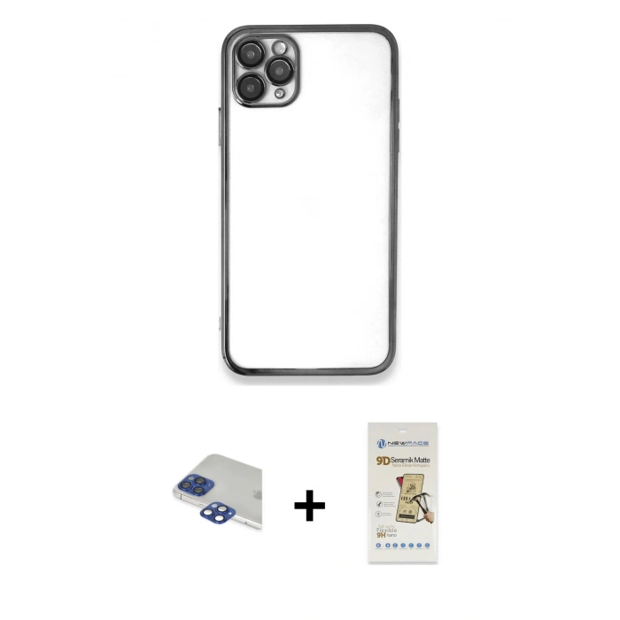 MARSİLYAN™- iPhone 11 Pro Max Kılıf Vadi Minimal - Siyah Mat Seramik Nano Ekran Koruyucu + Pers Alüminyum Kamera Lens - LT