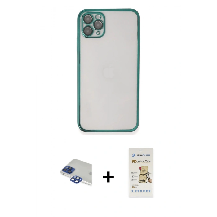 MARSİLYAN™- iPhone 11 Pro Max Kılıf Vadi Minimal - Siyah Mat Seramik Nano Ekran Koruyucu + Pers Alüminyum Kamera Lens - LT